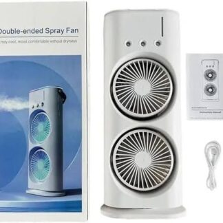 Double-Ended Spray Water Mist Fan – Dual Fan Cooling with 90° Rotation, RGB Lights & USB Power – 16 Inch