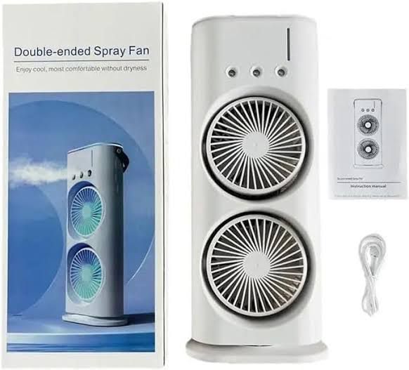 Double-Ended Spray Water Mist Fan – Dual Fan Cooling with 90° Rotation, RGB Lights & USB Power – 16 Inch