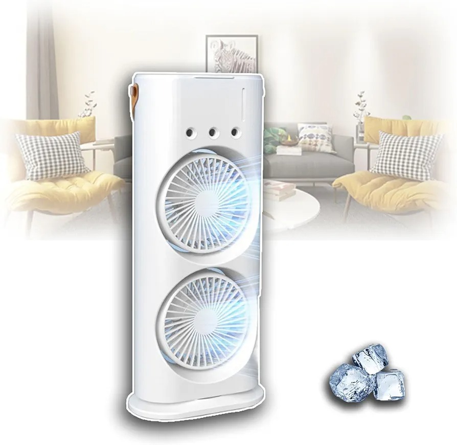 Double-Ended Spray Water Mist Fan – Dual Fan Cooling with 90° Rotation, RGB Lights & USB Power – 16 Inch