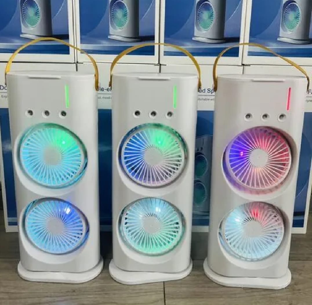 Double-Ended Spray Water Mist Fan – Dual Fan Cooling with 90° Rotation, RGB Lights & USB Power – 16 Inch - Image 2