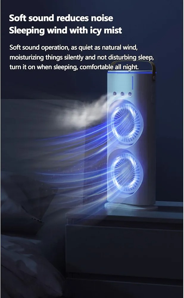 Double-Ended Spray Water Mist Fan – Dual Fan Cooling with 90° Rotation, RGB Lights & USB Power – 16 Inch