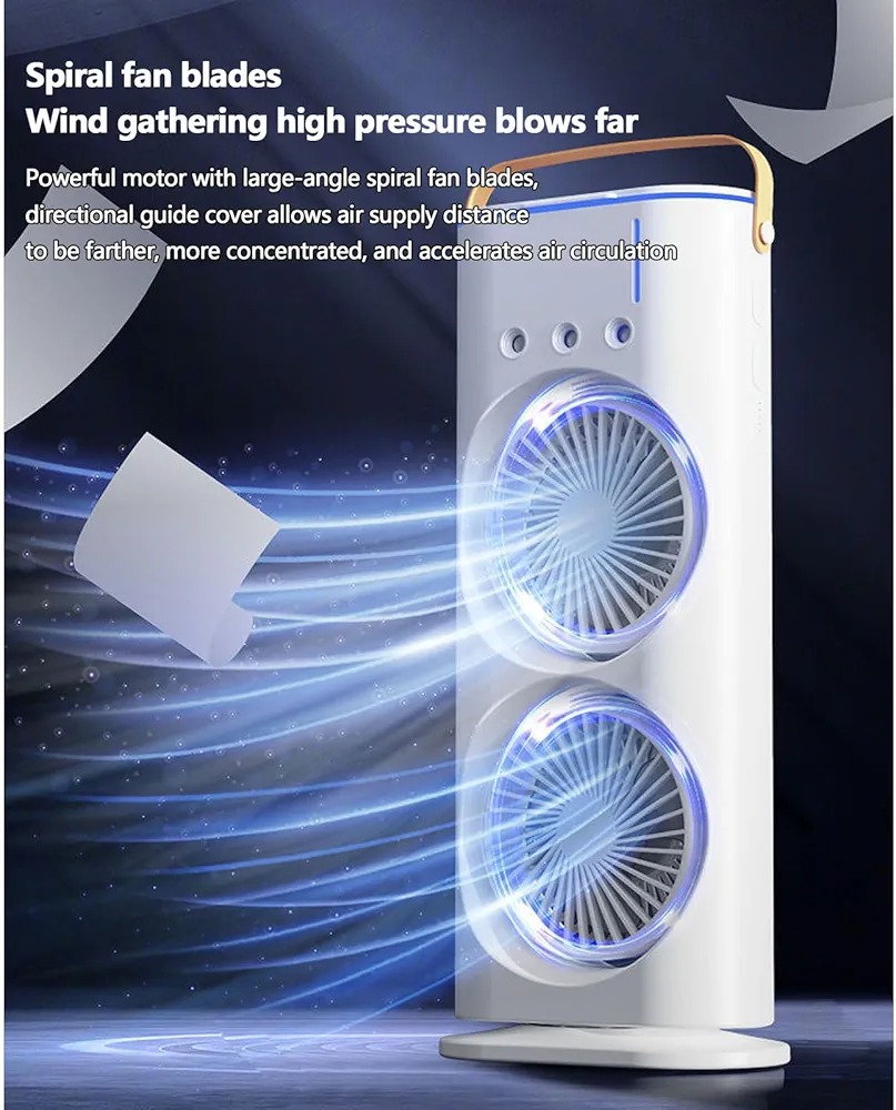 Double-Ended Spray Water Mist Fan – Dual Fan Cooling with 90° Rotation, RGB Lights & USB Power – 16 Inch