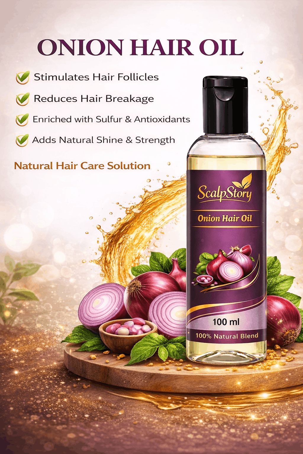 Onion Hair Oil – Natural Hair Growth & Anti-Hair Fall Oil with Sulfur & Antioxidants | Strengthens Roots & Adds Shine | 100 ml - Image 2