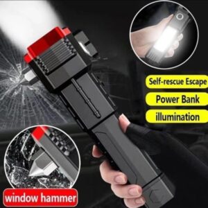 High Power LED Torch Light Rechargeable Flashlight – Multi Functional Emergency Tool With Power Bank, Window Hammer, And Bright Illumination