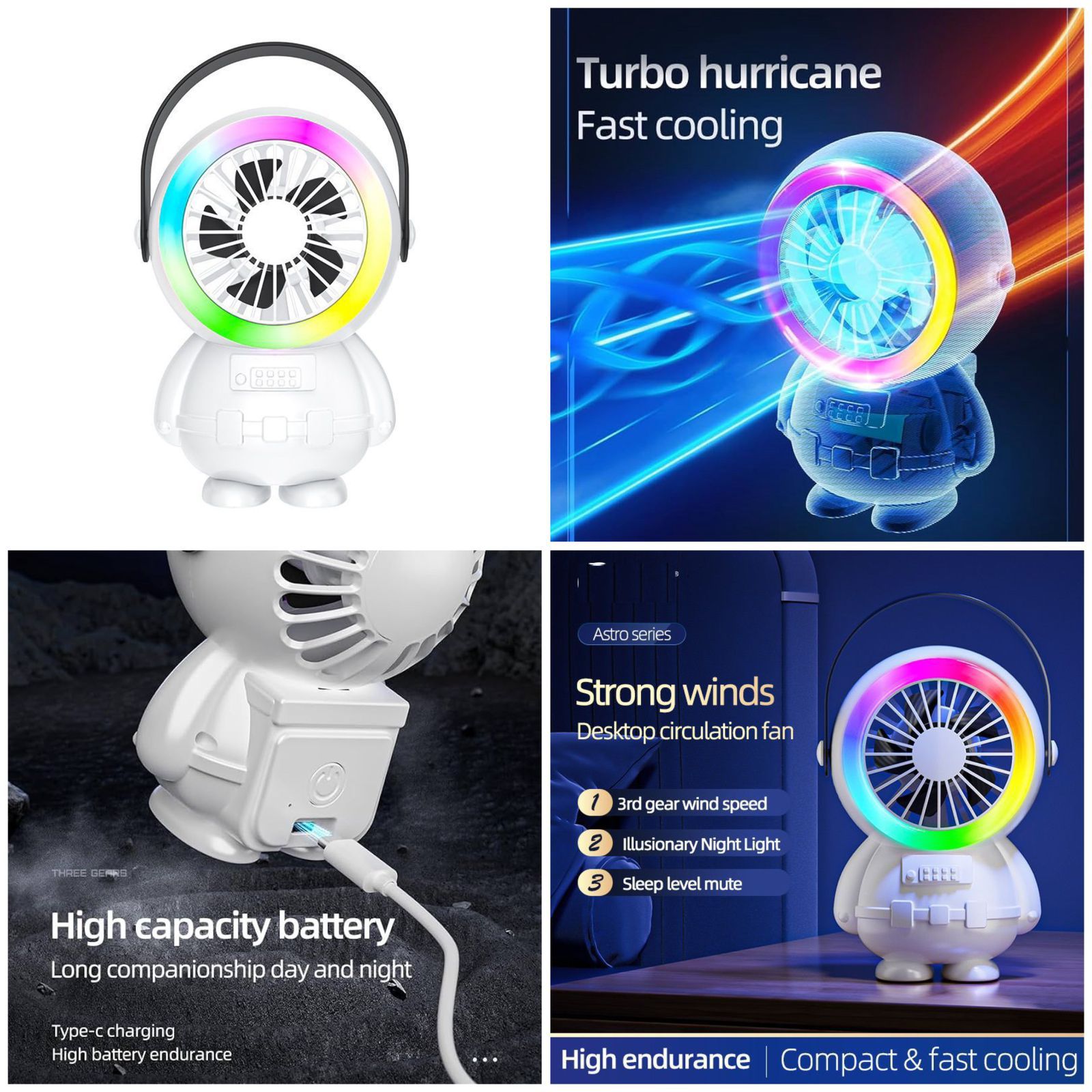 Astro Series Astronaut Mini Desktop Fan – Portable USB Rechargeable Fan with RGB Night Light - Image 4