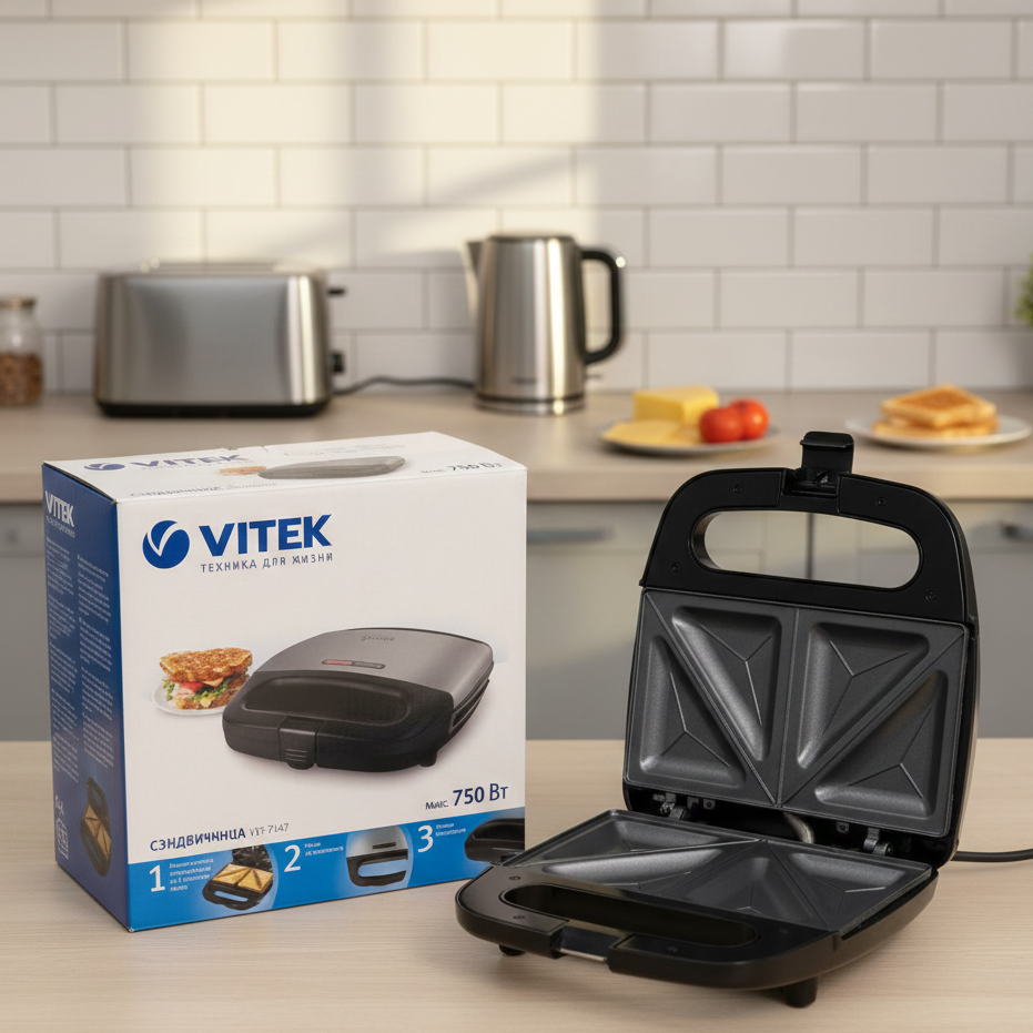 Vitek VT‑7147 Sandwich Maker | 750W | Non-Stick Plates | 4 Triangular Toasts | Compact & Safe Design - Image 3