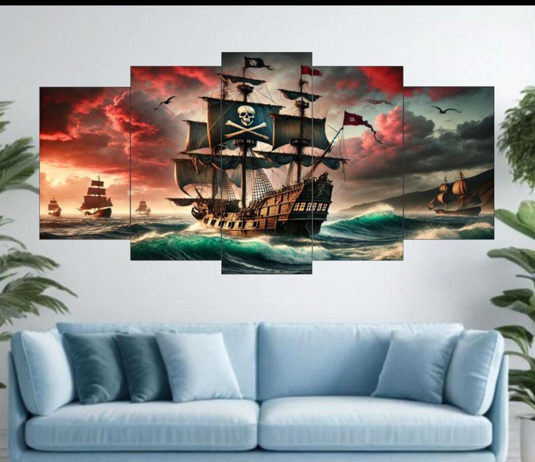 Pirate Ship Ocean Voyage Wall Art – 5-Piece Canvas Set (16x40 inches) | Wooden Sticky Tile Frames with Double Tape - Image 2