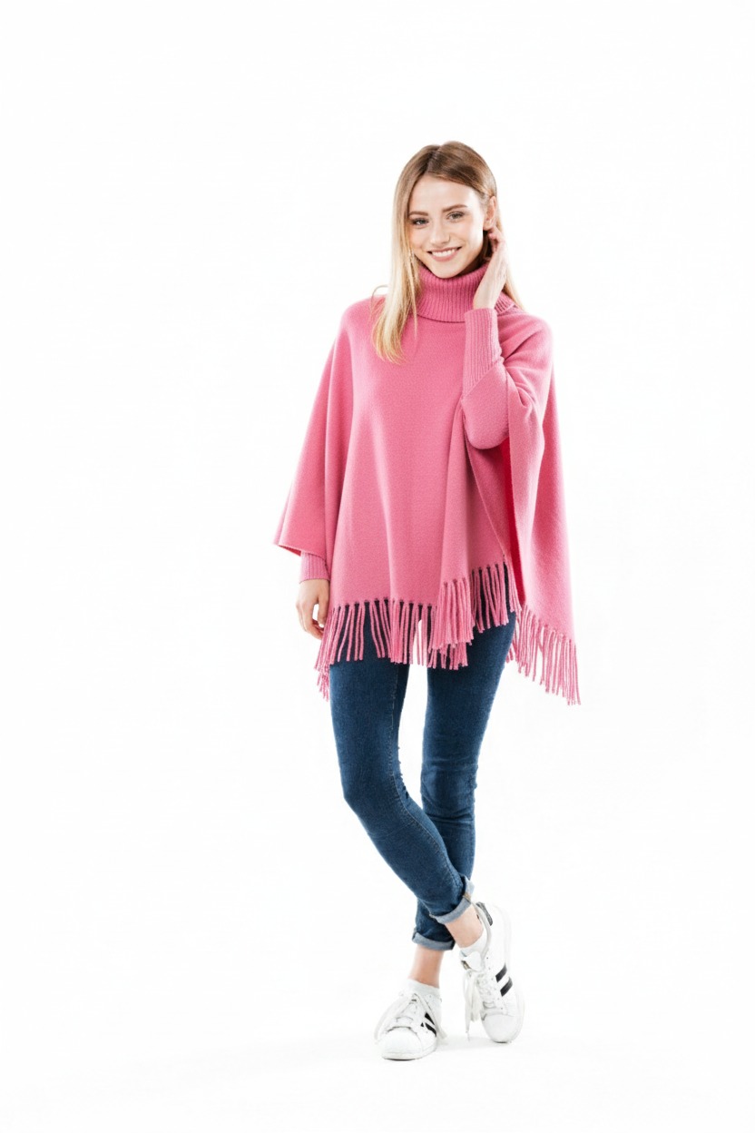 Winter Fleece Poncho with High Neck, Tassel Design & Adjustable Short Sleeves – For Girls/Princess Free Sizes - Image 2
