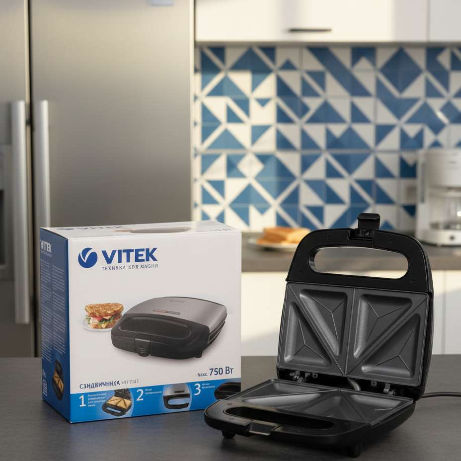 Vitek VT‑7147 Sandwich Maker | 750W | Non-Stick Plates | 4 Triangular Toasts | Compact & Safe Design - Image 2