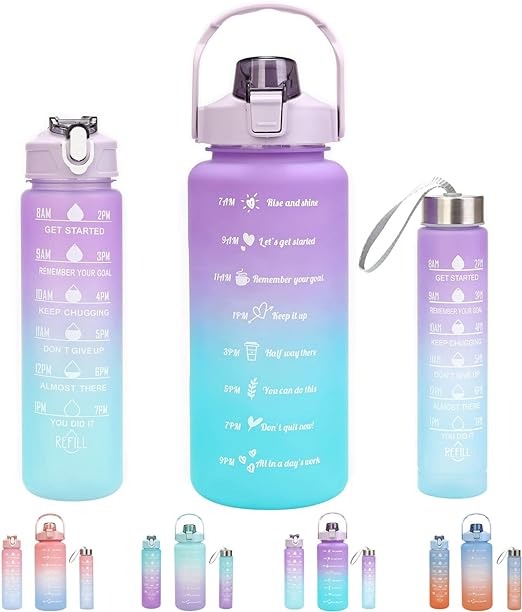 3 Piece Motivational Water Bottle Set BPA Free Plastic Gradient Colors For Students Fitness And Daily Use | Random Color - Image 2