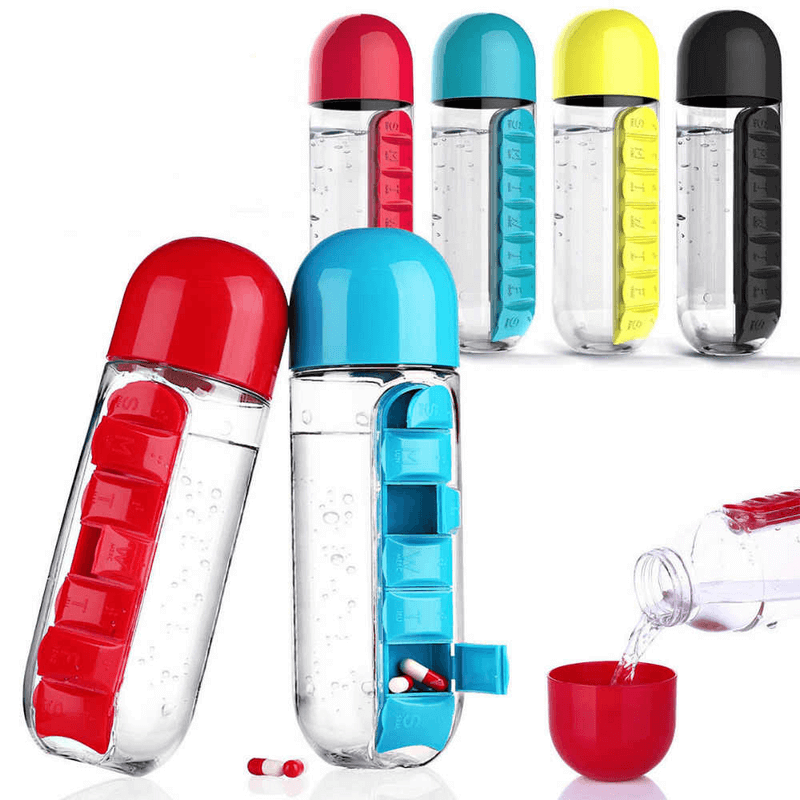 2 In 1 Water Bottle With Built-In 7 Day Pill Organizer & Cup Cap